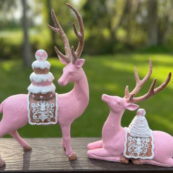 Resin Candy Saddle Deer Figurines Christmas Decorations Holiday Decor Set of 2